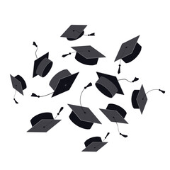 Cloud of black graduation caps with tassels floating in the air on a white background. Graduation ceremony design element. Vector illustration.