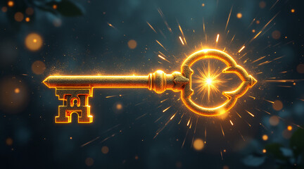 Golden ornate key with luminous sparkles on a mystical background, full of magic