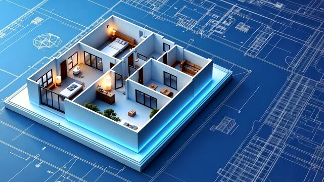 Modern House Blueprint Display on Digital Screen &ndash; Isometric Render &ndash; Studio Lighting