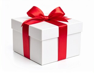 Gift Box with Red Ribbon, Square white gift box with glossy red ribbon, isolate on white background, transparent PNG