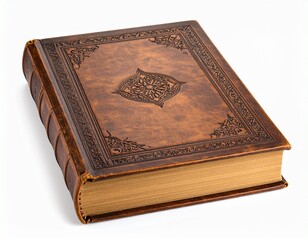 Fototapeta premium Vintage Leather-Bound Book, Old-fashioned hardcover book with brown textured leather, transparent PNG, Isolated on white background