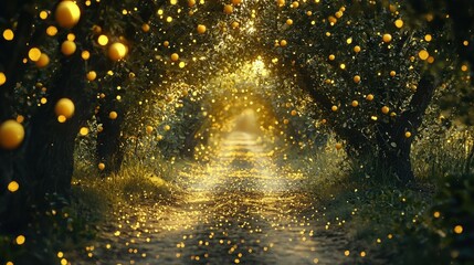 Naklejka premium Enchanting Pathway Through Golden Orange Orchard with Sunlight and Bokeh Effect Enhancing Natural Beauty