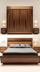 Stylish wooden platform bed in cozy room high resolution picture