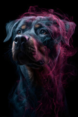 Obraz premium rottweiler dog emerges gracefully from vibrant colorful swirling smoke in dynamic artistic composition 