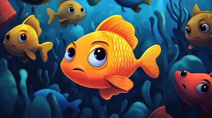 Naklejka premium School Of Fish Illustration. Bullying in Underwater World: Sad Little Fish in Group of Many-Colored Reef Fish