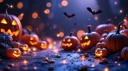 Spooky Halloween Scene with Jack-o'-lanterns and Glowing Bokeh Effects in Dark Forest