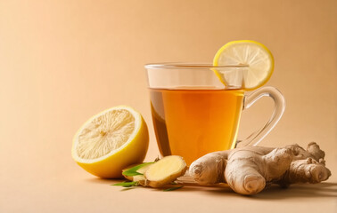 A glass of ginger tea with lemon and fresh ginseng on a beige background, a concept for a healthy lifestyle