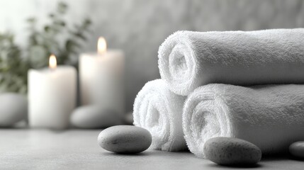 A stack of white towels is on a table next to a few candles