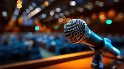 A microphone is on a stand in front of a crowd