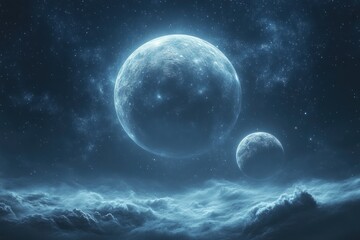 Obraz premium Frozen celestial bodies above a vast, ethereal landscape