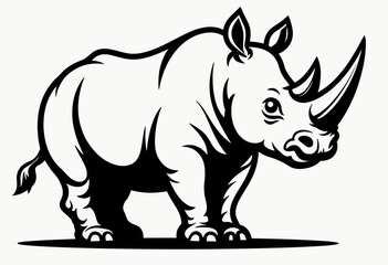 Fototapeta premium Black and white vector line illustration of a rhinoceros in profile with bold outlines, ideal for logos, tattoos, safari branding, and animal conservation projects