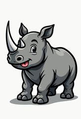 Fototapeta premium Friendly cartoon rhinoceros with big eyes and smiling expression, standing confidently, designed for children’s books, educational graphics, and playful animal-themed illustrations