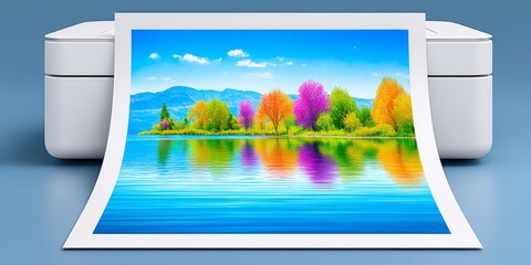 A compact travel printer printing a landscape photo from a campervan