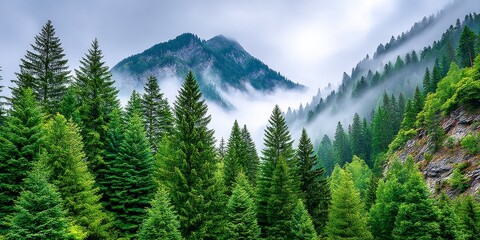 Fototapeta premium A forest soaked in mist and rain, looking mysterious and calm