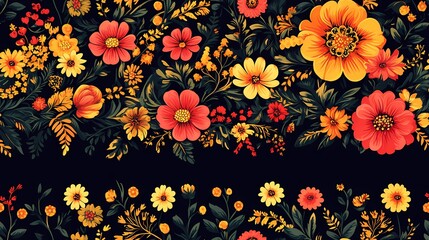 Ornamental Russian folk pattern in Khokhloma art style, suitable for wallpaper, fabric textures, and cultural visual storytelling.