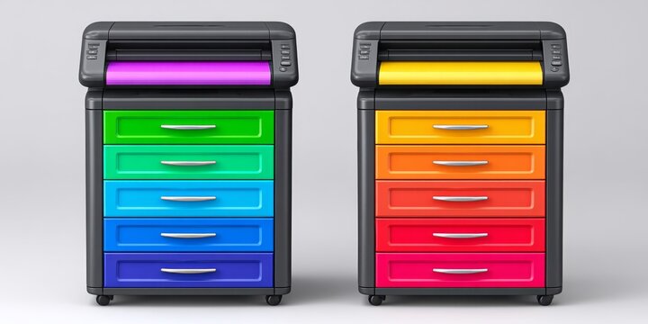 A side-by-side of black and color printers with test sheets aligned