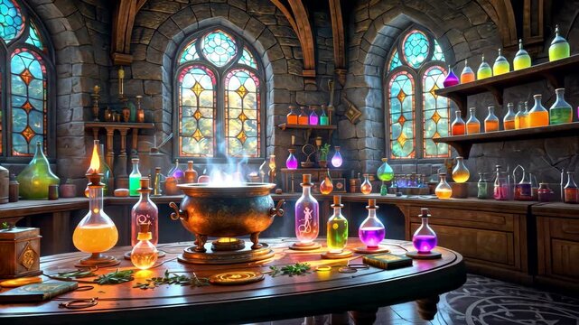 Alchemy Laboratory with Potion Bottles and Glowing Cauldron Indoors