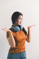 Asian girl expresses dislike, person express negative feeling, concept business complaint from...