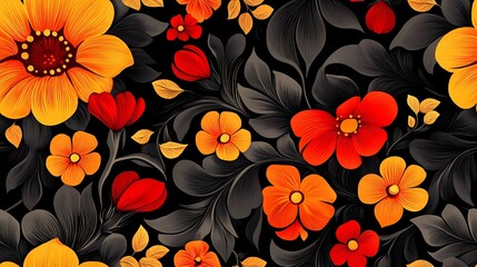 Classic Khokhloma seamless texture with floral curls and berries, perfect for folk-themed design and craft-based visuals.
