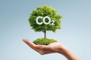 A hand holding a tree with the letters CO2 on it