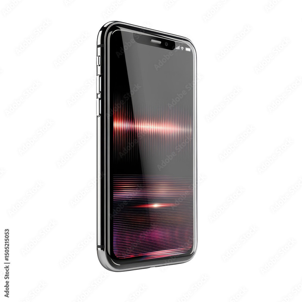 Poster sleek smartphone displaying a vibrant sound wave graphic symbolizing on transparent background