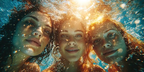 A woman with red hair is in the water with her head above the surface