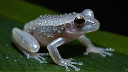 Obraz premium A transparent frog adorned with water droplets rests on a vibrant green leaf, illuminated under studio lighting emphasizing details and colors.