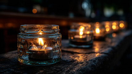 Warm Candlelight in Decorated Glass Jars on Rustic Wooden Table