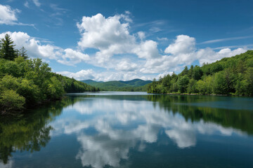 Fototapeta premium serene lake nestled in mountains of vermont reflecting fluffy clouds in its calm waters