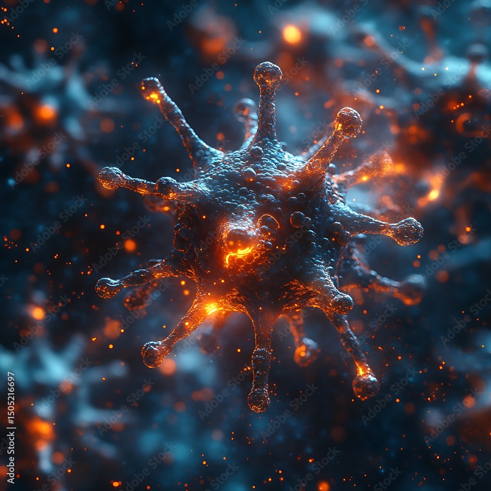 Poster realistic 3d render of a coronavirus particle illuminated with glowing orange light high resolution 