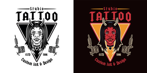 Vintage tattoo studio emblem with devil girl head and tattoo machines. Gothic, old school vector design for tattoo artists, studios, and apparel. Dark, edgy, and artistic illustration in retro style