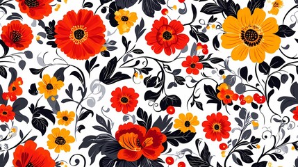 Red and gold floral design in traditional Khokhloma style, great for ethnic print materials, souvenir packaging, and heritage branding.