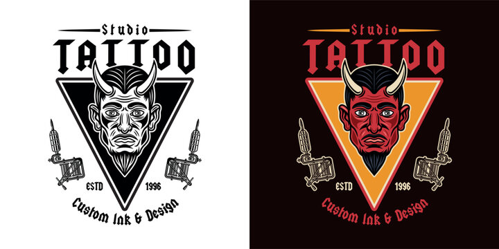 Vintage tattoo studio emblem with devil man head and tattoo machines. Two styles vector illustration in retro style, perfect for tattoo designs, apparel prints, and branding
