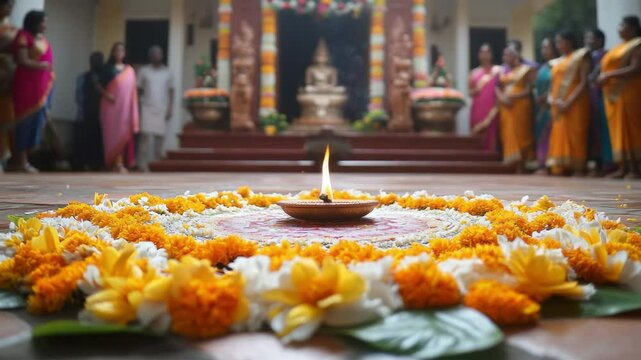 A vibrant rangoli design made of flowers surrounds a lit diya. Women in traditional attire worship the goddess Lakshmi during Diwali celebrations in India