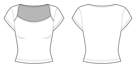 Short Sleeve Sweetheart Neckline T-shirt- Front and Back View- Flat Vector Illustration