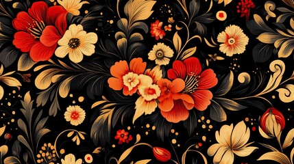 Red and gold floral design in traditional Khokhloma style, great for ethnic print materials, souvenir packaging, and heritage branding.