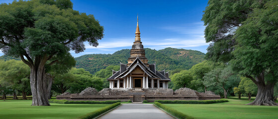 Serene Temple: A picturesque temple stands gracefully, framed by vibrant greenery against a backdrop of a clear, sunlit sky, inviting contemplation and admiration. 