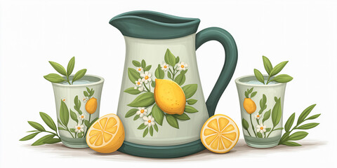 Summer Refreshment: A delightful composition features a decorative pitcher and glasses, adorned with a fresh lemon theme.