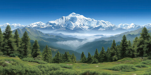 Majestic Mountain Panorama: Witness the grandeur of nature, as snow-capped mountains pierce the pristine sky above lush forests and verdant valleys, a breathtaking panorama
