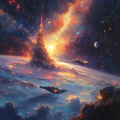 Stunning cosmic art featuring spaceships orbiting a celestial landscape in high resolution image