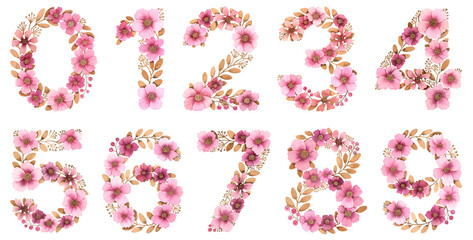 Watercolor illustration collection of numbers from 1 to 0. Pink Flowers leaves. Hand painted watercolour drawing isolated background elements. Creative design, sticker, invitation, save the date card