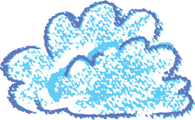 Cloud icon like kid drawing by crayon in kindergarten. Painted with charcoal or wax pencil sky sign. Cloudy weather symbol. Rough chalk texture vector illustration in children style. Collage element