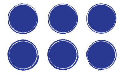 Print set of blue grunge ink stamp circles, round shape stamp. Set of Blue grunge circle brush vector illustration. Abstract blue paint brush circles pack. Set of blue brush circle grunge vector. 