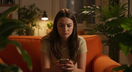 Worried Woman Using Phone Sitting on Couch at Home