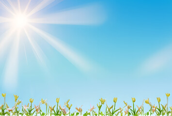 Fototapeta premium Bright blue sky flowers bright daisies against a soft background Pink tulips against a blue sky trees in full bloom under a bright blue sky creating a stunning floral landscape.generative ai