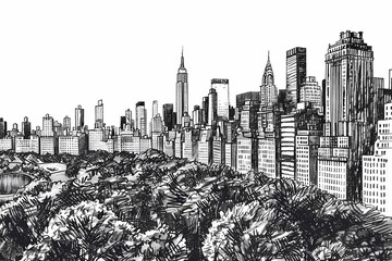 Black and white detailed sketch of New York city skyline with central park, trees, skyscrapers, pen drawing