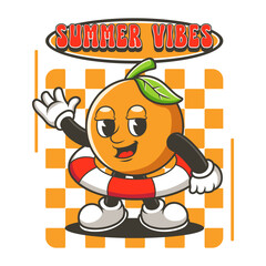 Cool Orange Cartoon with Lifebuoy – Summer Vibes Fruit Character Vector Illustration