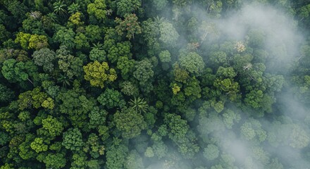 Aerial View of Lush Green Rainforest Canopy with Mist