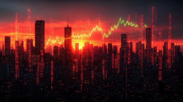 Vibrant Sunset with City Skyline and Abstract Stock Market Graph - Powered by Adobe