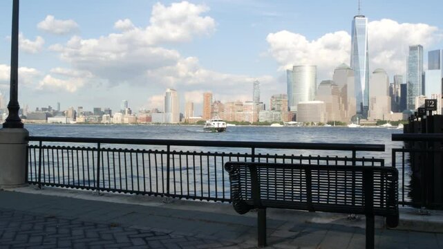 New York City waterfront skyline, Manhattan Downtown Financial district, World Trade Center building, riverfront skyscrapers. From Paulus Hook, New Jersey. United States architecture. Hudson river.